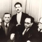 Карельские композиторы и музыканты (слево направо): Ефимов С.В., Раутио К.Э, Теплицкий Л.Я., Пергамент Р.С., Иоусинен Л.К. 1937 год.